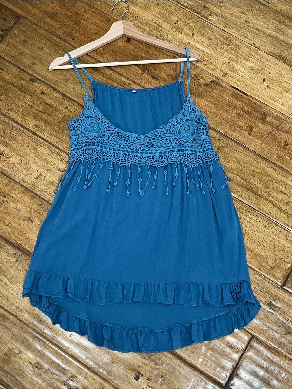 Boho, Fairy, Beachy Teal Crochet Spaghetti Strap Tank Top with flowing  tassels